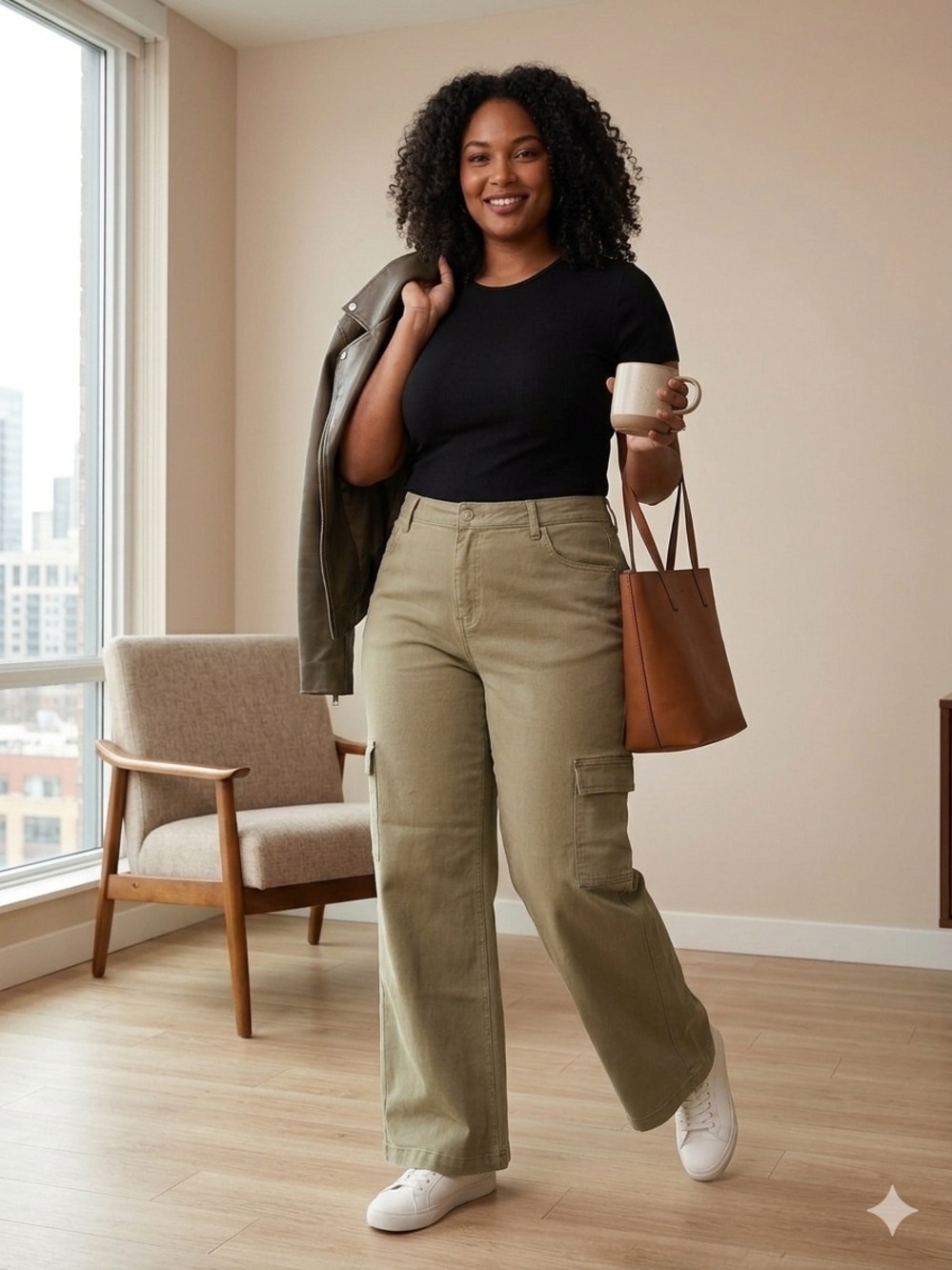 NEW RISEN Boutique Women’s High Rise Tan Khaki Cargo Jean Pants Wide Leg 1X